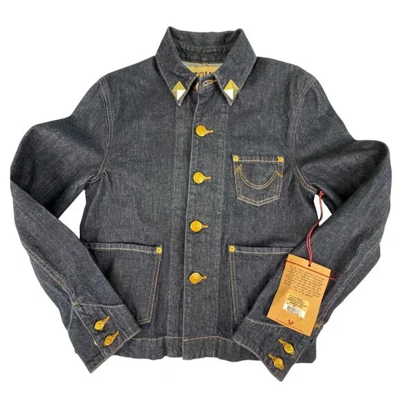 True Religion Womens M Denim CollarJacket Camden Blue Accent Embroidered - Picture 2 of 16